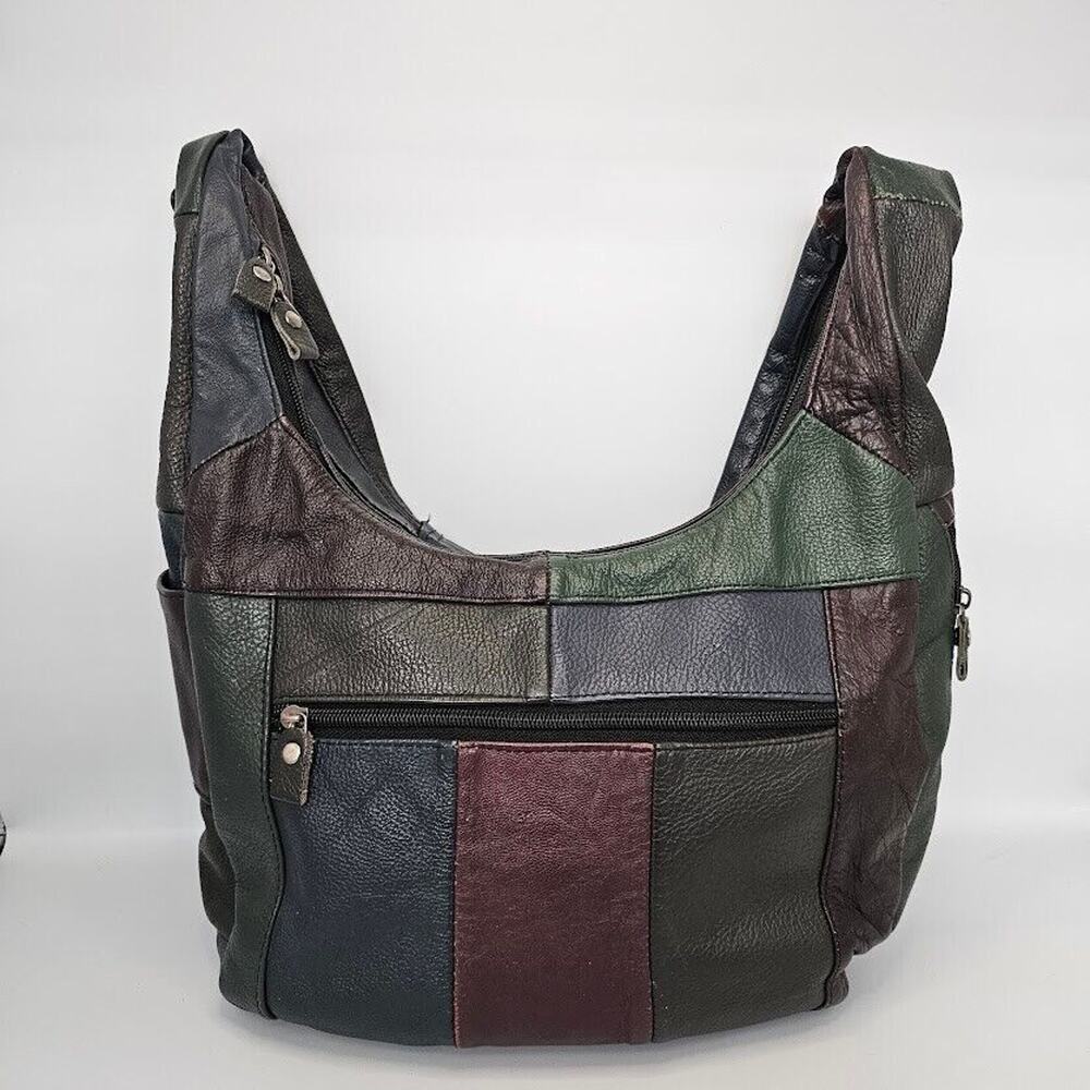 Vintage Boho Vegan Leather Shoulder Bag Hobo Purse Green Brown Blue